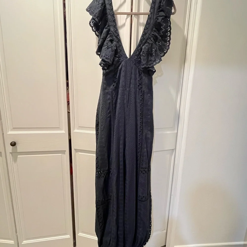 Free People Mikayla Ruffled V-Neck Jumpsuit in Midnight - Picture 5 of 13